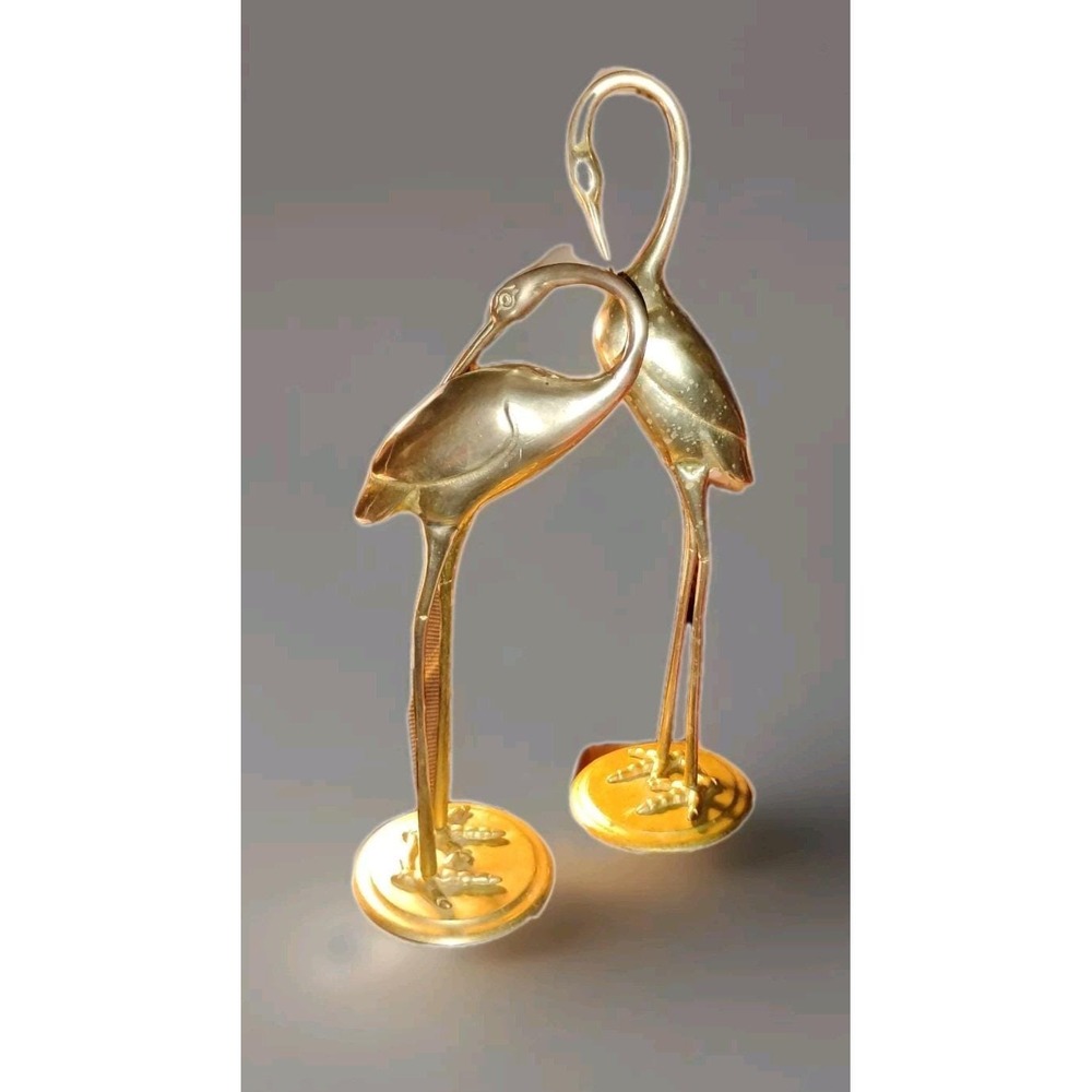 Vintage Brass Cranes MCM Pair of Statues Crane Egret Heron set of 2 @ 1 Ft Tall